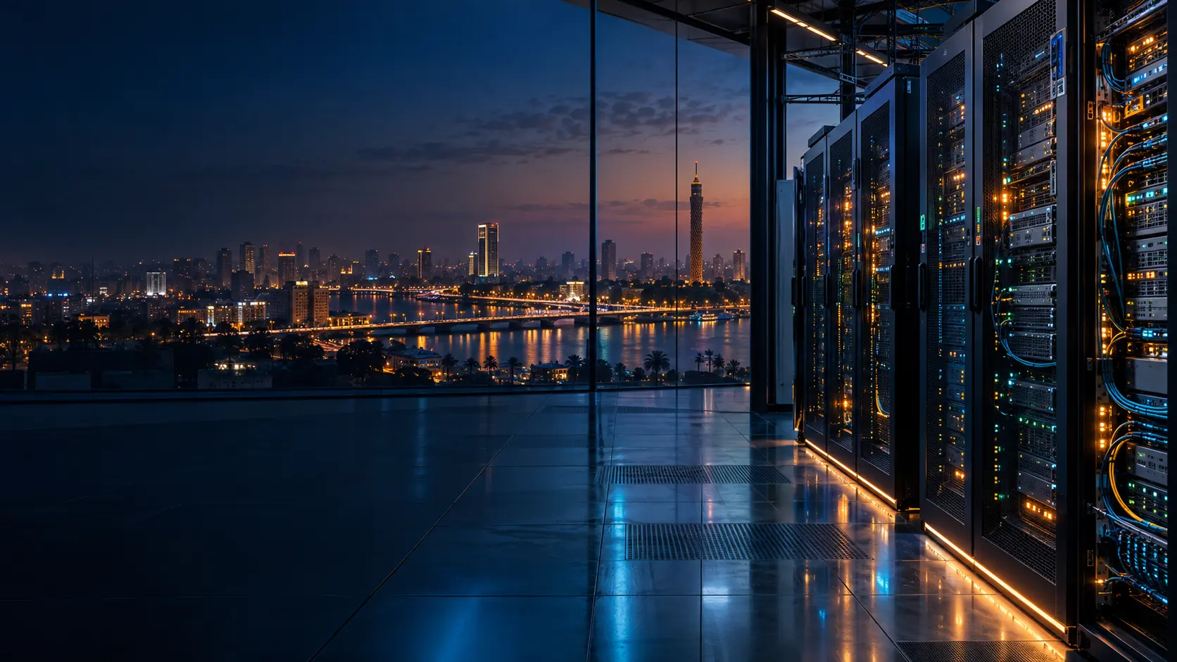 Enterprise datacenter overlooking the Cairo skyline