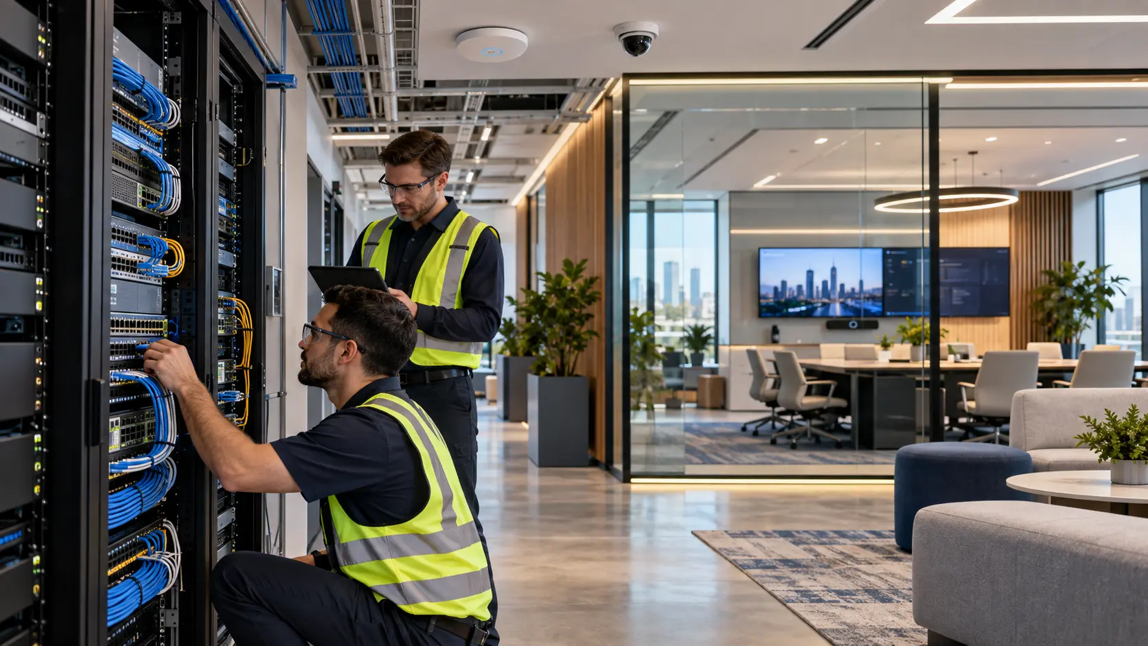 Engineers deploying enterprise network infrastructure in a smart office